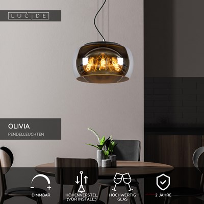 Lucide OLIVIA - Pendelleuchten - Ø 40 cm - 3xE27 - Rauchfarbe Grau